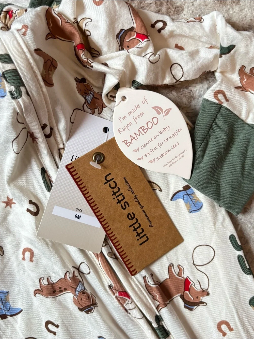 Little Stitch NWT Baby Bamboo Cowboy Onesie One Piece Two-Way Zip Unisex
